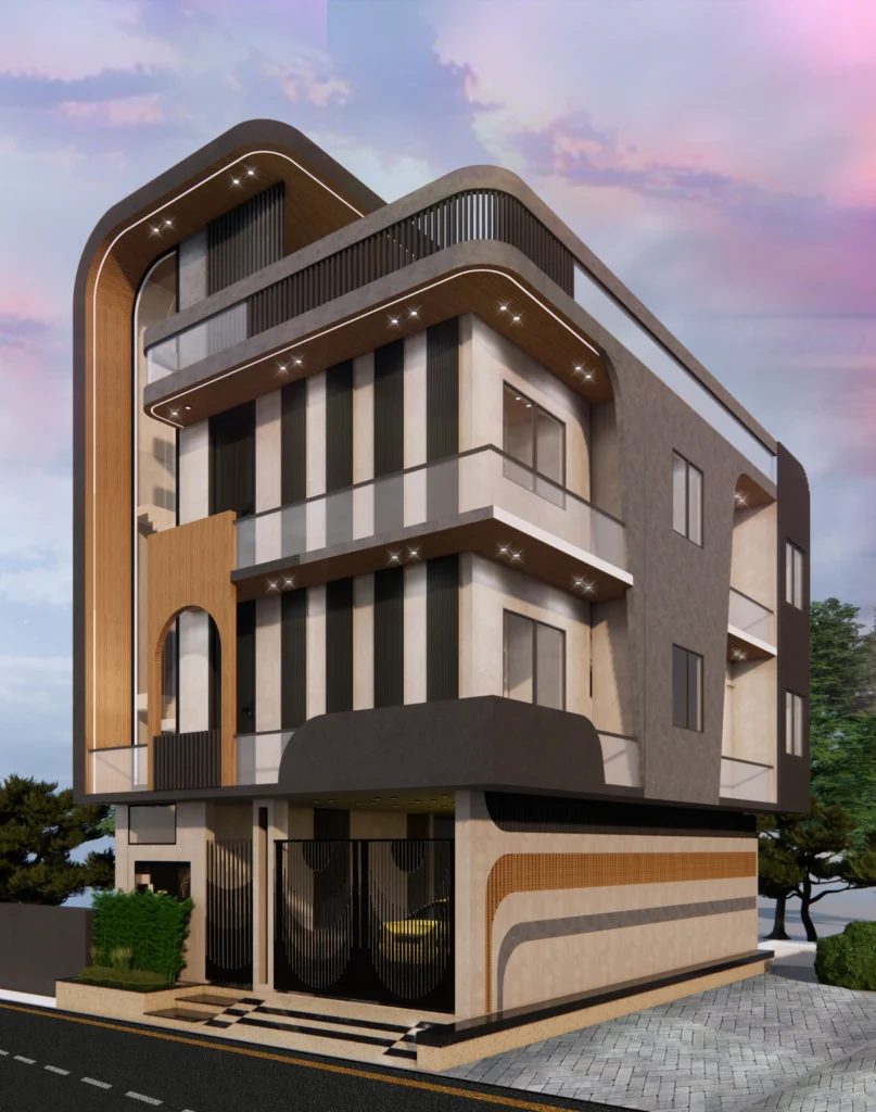 Modern residential building exterior design by Amartya Architects featuring curved balconies, glass railings, warm wooden cladding and contemporary urban façade with elegant lighting.