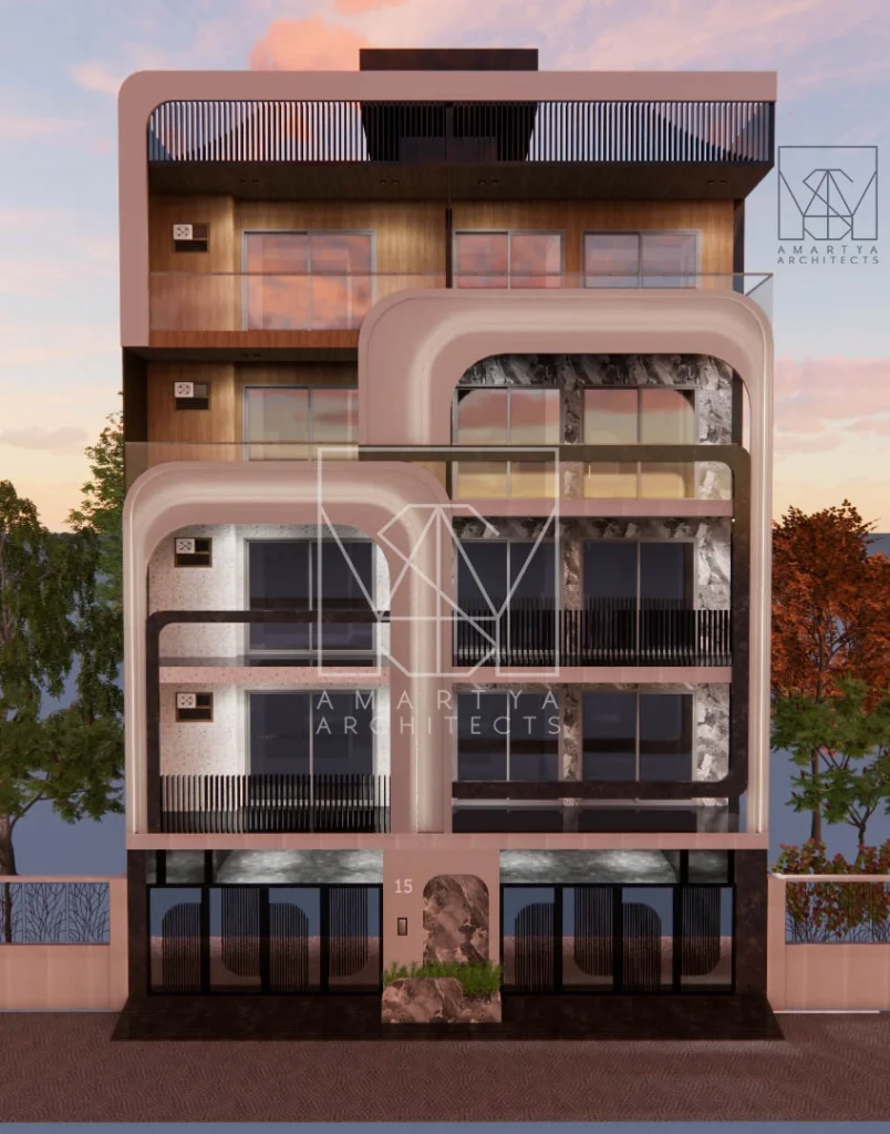 Night view of modern residential elevation with warm lighting, curved façade design, and premium materials by Amartya Architects for an elegant urban residence.