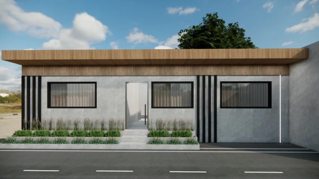 Contemporary commercial architecture with flat roof, linear windows and landscaped frontage, designed by commercial architects near me and registered architects providing architectural planning services.