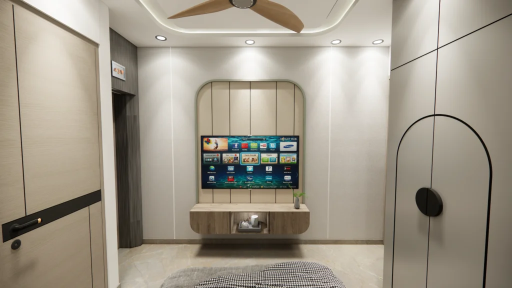 Contemporary bedroom TV wall design by interior designer near me for home, featuring arched panel backdrop, floating TV unit and elegant lighting in modern residential interiors.