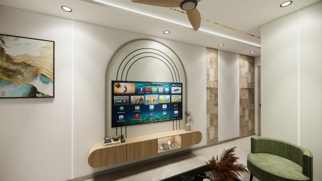 Designer living room TV wall by professional interior designer near me, showcasing modern wall panelling, floating console and luxury home interior design for residential apartments in Delhi.