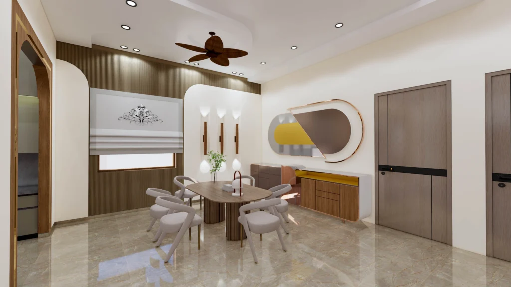 Modern ground floor dining room interior with curved design elements, wooden finishes and contemporary lighting, designed by interior designer near me for home and residential interior designers near me.