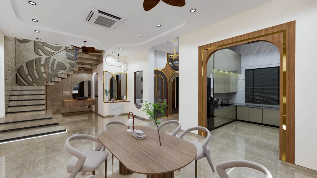Open-plan residential interior with dining area, staircase design, modular kitchen view and modern architectural detailing, created by home interior designer near me and architecture and interior design firm in Delhi NCR.