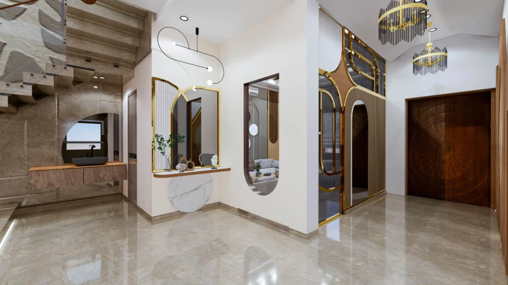 Luxury residential foyer and entrance lobby interior with marble flooring, designer staircase, decorative mirror wall and ambient lighting, designed by interior designer near me and residential interior designers near me as part of a modern home architecture project.