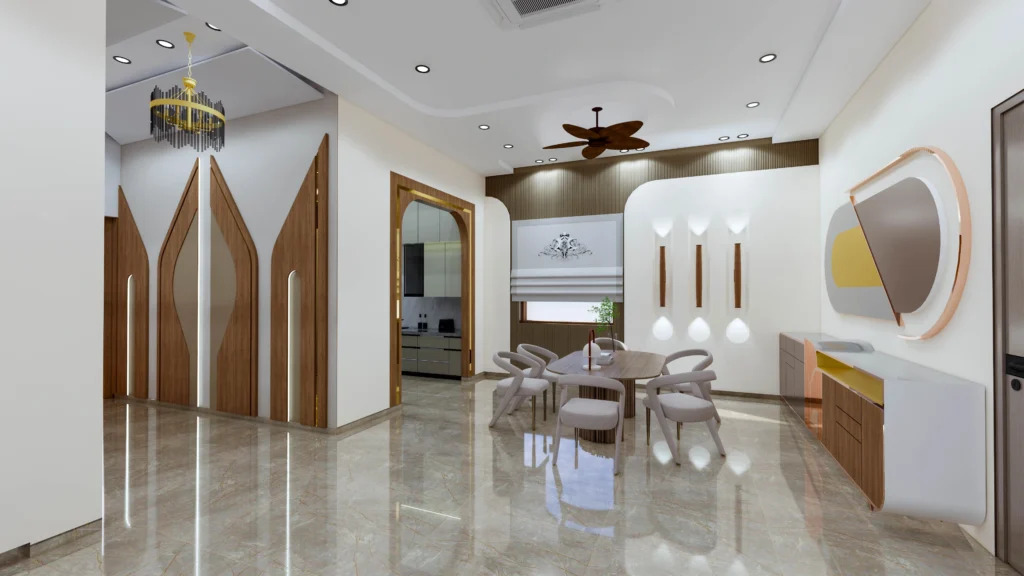 Modern ground floor living and dining area interior with custom wall panels, false ceiling lighting and contemporary furniture layout, designed by home interior designer near me and architecture and interior design firm in Delhi NCR.
