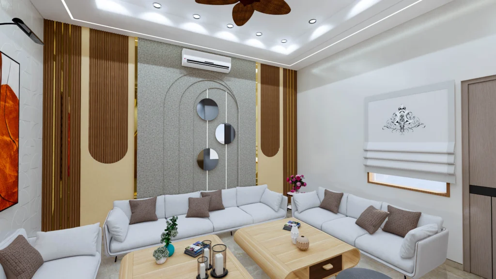 Elegant residential living room interior with sectional sofa, designer accent wall, wooden elements and ceiling lighting, created by living room interior designers near me and best interior designers near me.