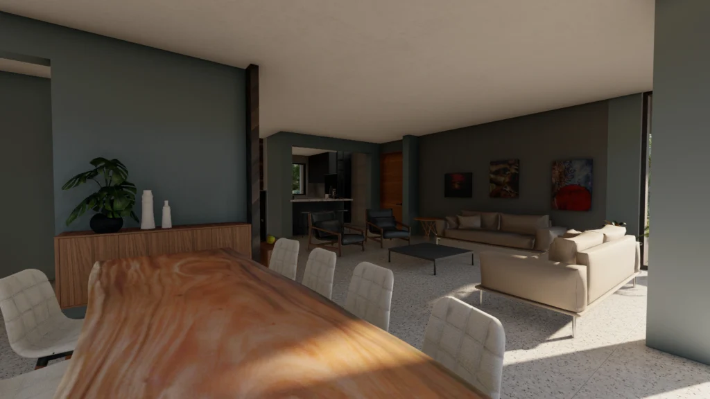 Modern home interior design featuring dining and living area with minimalist furniture and natural light, designed by a professional interior designer near me and residential interior designers near me.