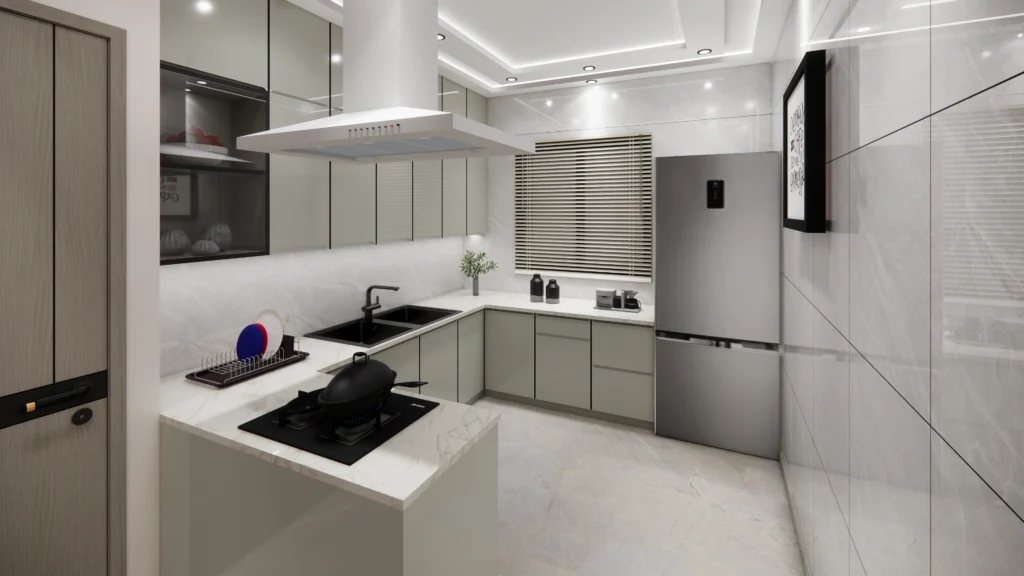 Sleek modular kitchen with island counter, built-in appliances, glossy cabinets and efficient layout, expertly designed by Amartya Architects for modern living.