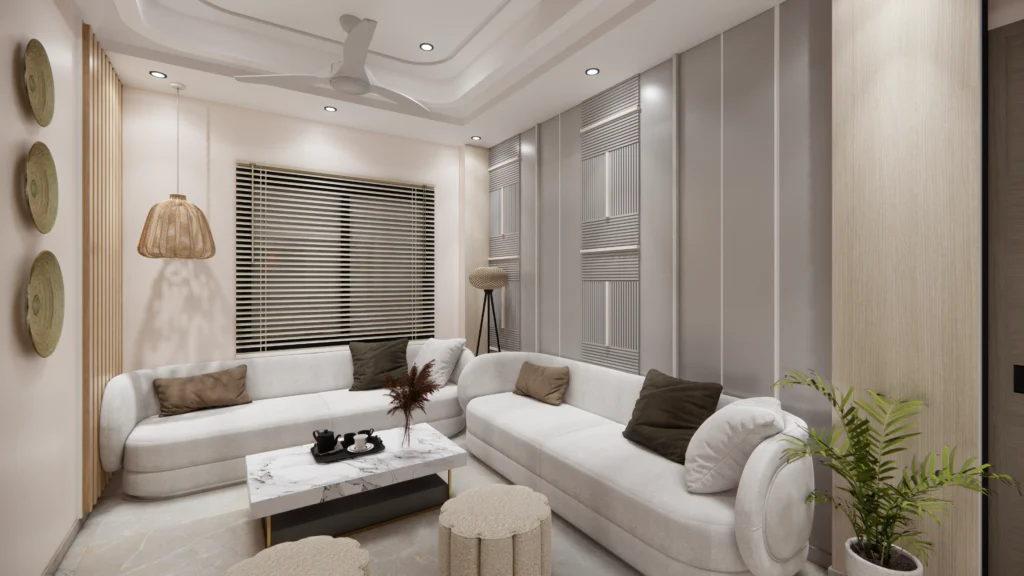 Contemporary living room featuring curved sofas, textured wall panels, warm lighting and indoor plants, beautifully designed by Amartya Architects for cozy spaces.