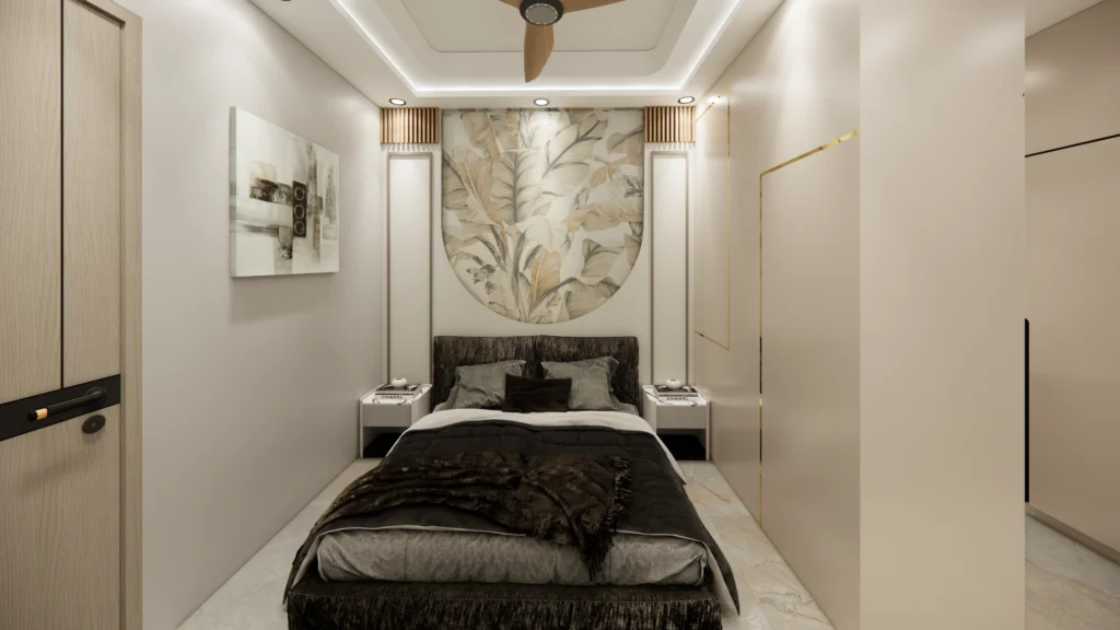 Modern master bedroom interior design by best interior designers near me, featuring designer headboard wall, premium finishes, soft lighting and luxury home interior styling in Delhi NCR.