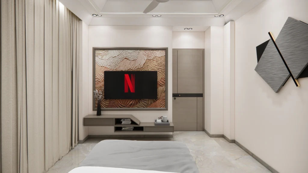 Modern master bedroom interior by Amartya Architects featuring wall-mounted TV unit, textured panel backdrop, soft lighting, neutral palette and elegant curtains.