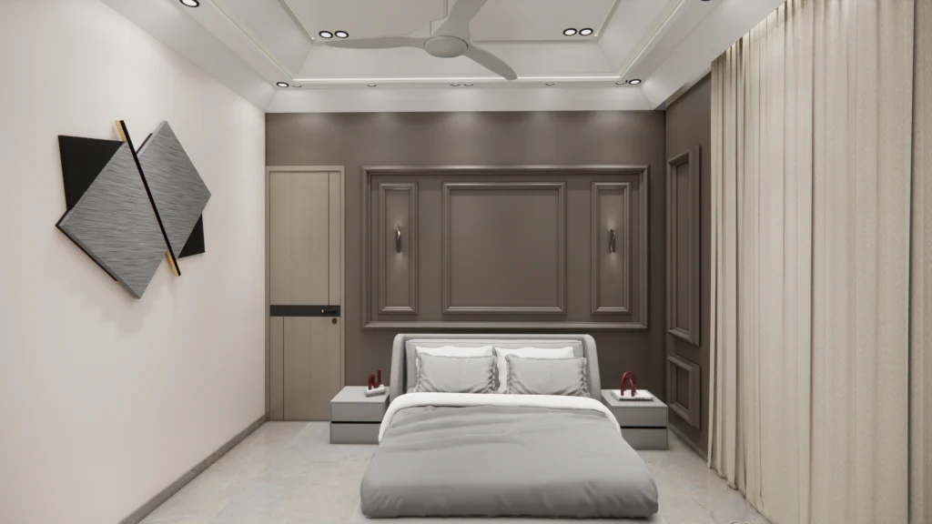 Contemporary master bedroom design by Amartya Architects with upholstered bed, classic wall mouldings, false ceiling lighting and calm neutral interiors.
