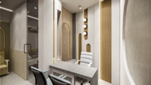 Modern MD room interior with elegant desk, textured wall panels and soft lighting, designed by Amartya Architects for premium clinic interiors.