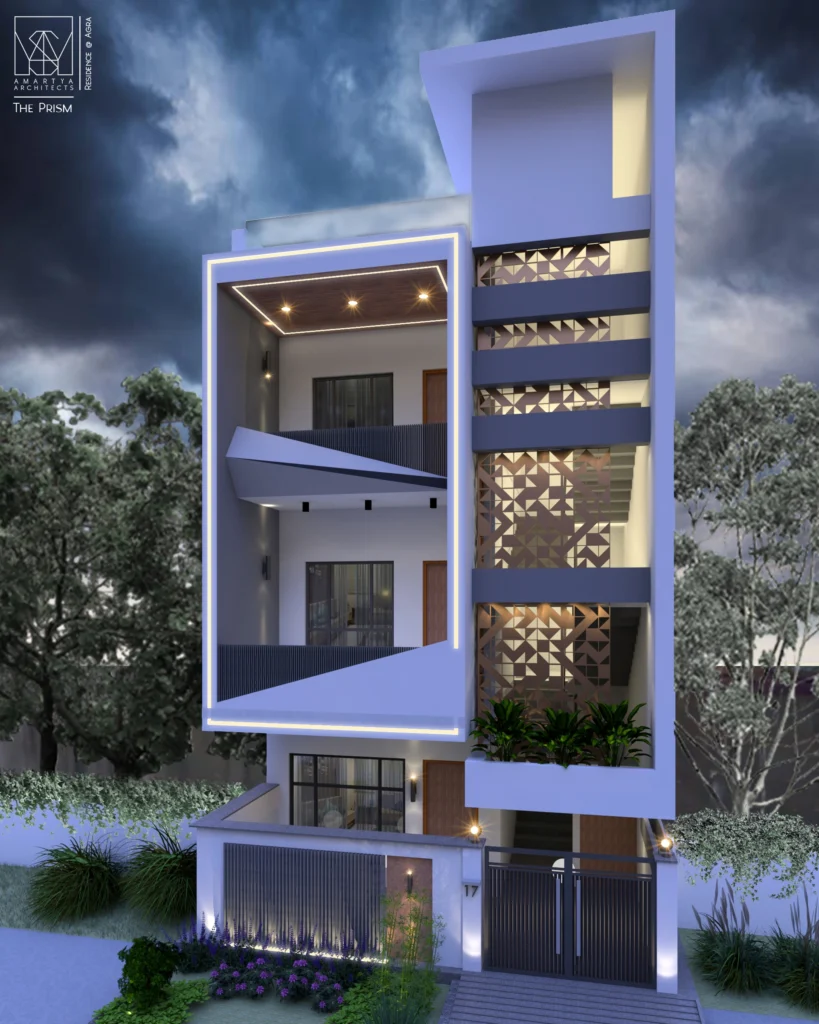 Night view of modern residential house elevation with facade lighting designed by Amartya Architects, showcasing expertise of modern residential architects and best residential architects