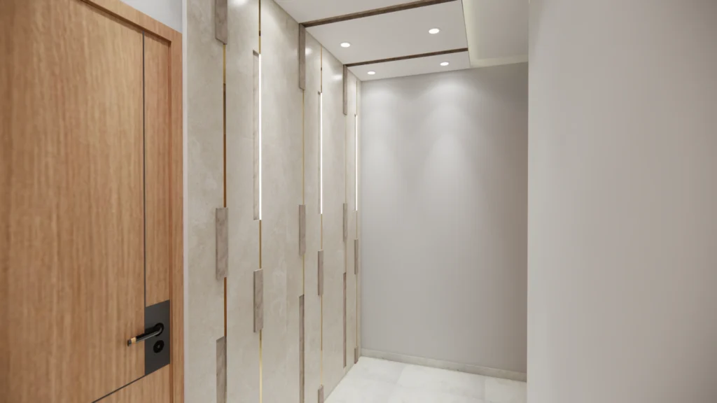 Modern corridor interior design with wooden door and textured wall lighting by Amartya Architects, showcasing architectural design services near me and modern architects near me