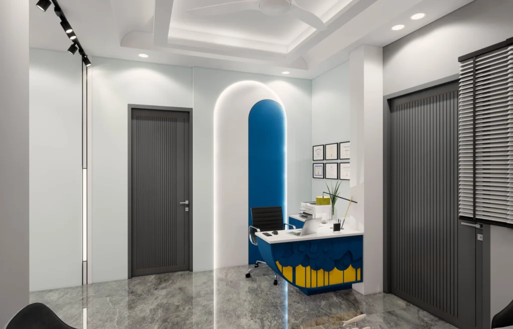 Modern reception and cabin interior by commercial interior architect near me, featuring designer desk, lighting and professional office interiors.