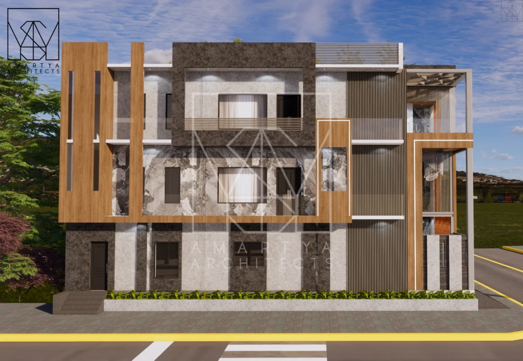 Front elevation of a modern house with geometric façade, wooden louvers, textured finishes and balcony design, created by house architect near me and residential architectural designer specialising in new home architecture.