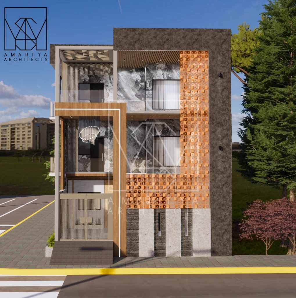 Side elevation of a contemporary residential building featuring vertical design elements, brick accent wall and modern balcony layout, designed by residential home architects near me and architects in Delhi NCR.