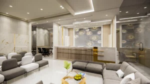 Clinic reception and waiting area interior with modern seating, marble finishes and ambient lighting designed by Amartya Architects.