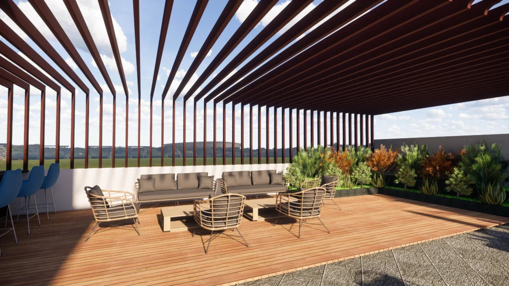 Modern rooftop pergola seating area with wooden deck flooring, outdoor lounge furniture and landscaped planters designed by Amartya Architects | luxury terrace garden design