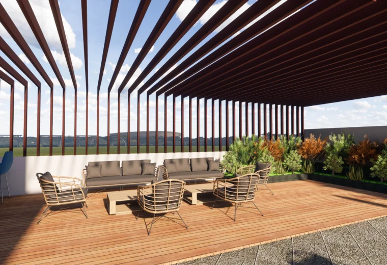 Modern rooftop pergola seating area with wooden deck flooring, outdoor lounge furniture and landscaped planters designed by Amartya Architects | luxury terrace garden design