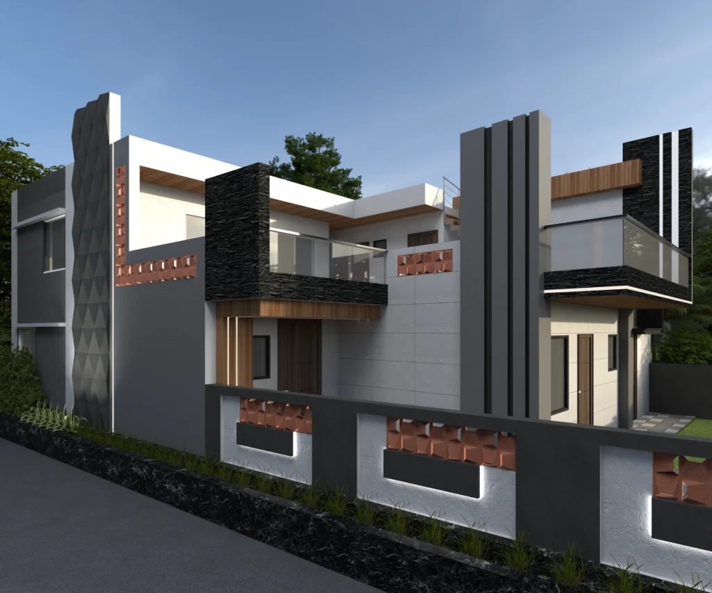 Modern residential elevation featuring clean lines, stone cladding and balcony details, premium exterior design by Amartya Architects