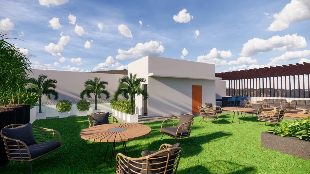 Contemporary rooftop landscape with green lawn, circular outdoor tables, pergola structure and city skyline view by Amartya Architects