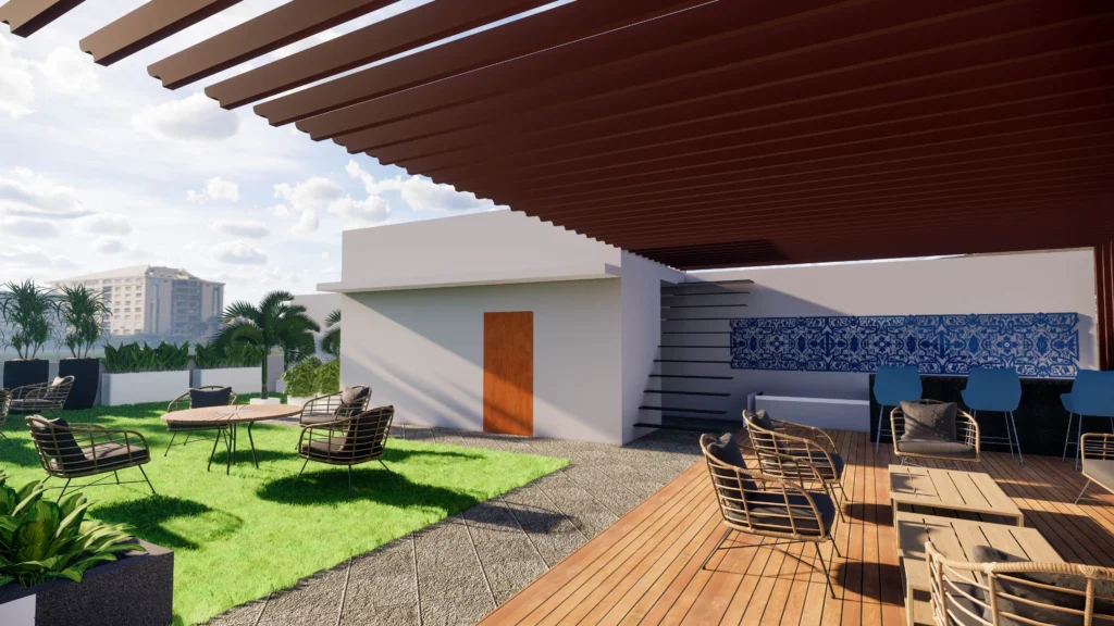Premium terrace garden cover image showcasing pergola seating, landscaped lawn, outdoor café-style furniture and modern rooftop design
