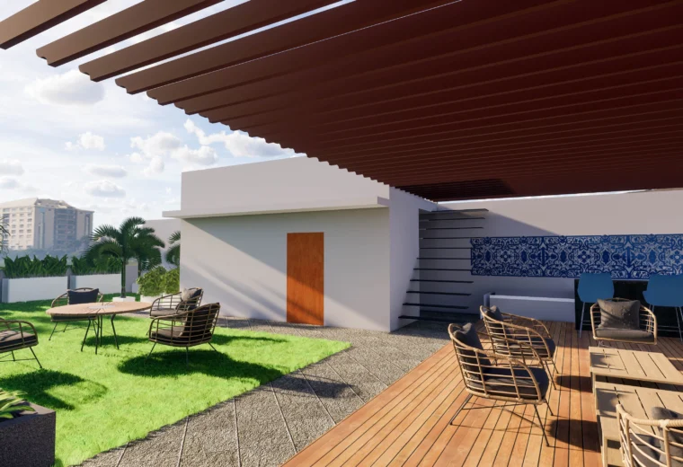 Premium terrace garden cover image showcasing pergola seating, landscaped lawn, outdoor café-style furniture and modern rooftop design