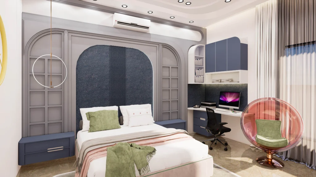 Contemporary bedroom and home office interior with custom furniture, soft lighting and space-efficient layout, planned by interior designer near me for home and small space interior designer near me.