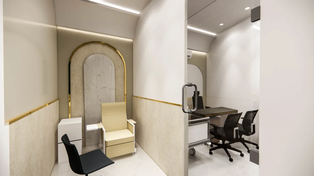 Modern diagnostic sample room and doctor consultation cabin with glass partitions, ergonomic furniture, and soft lighting by Amartya Architects