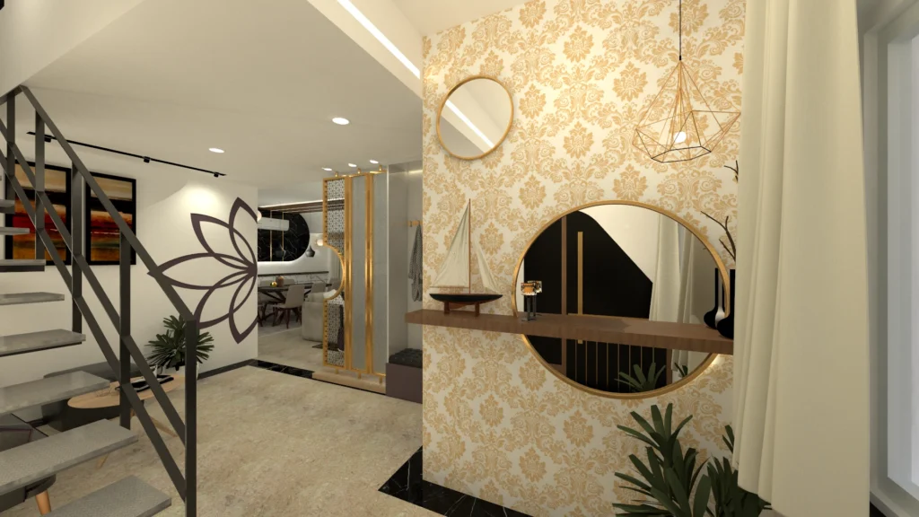 Elegant staircase and foyer design with decorative wall mirrors, floral wallpaper, pendant lights and indoor plants by Amartya Architects