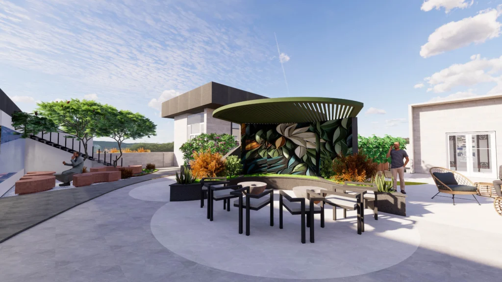 Contemporary rooftop terrace with seating, sculptural pavilion and landscaped elements by Amartya Architects, reflecting innovative landscape architecture design.