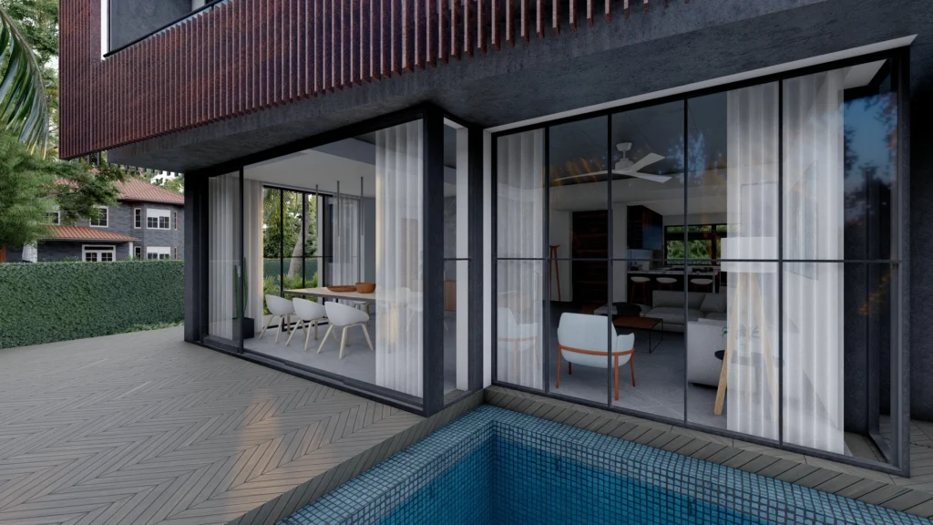 Contemporary home interior with large glass windows, open-plan dining and living space, designed by interior designers near me offering interior design services and interior architects near me.