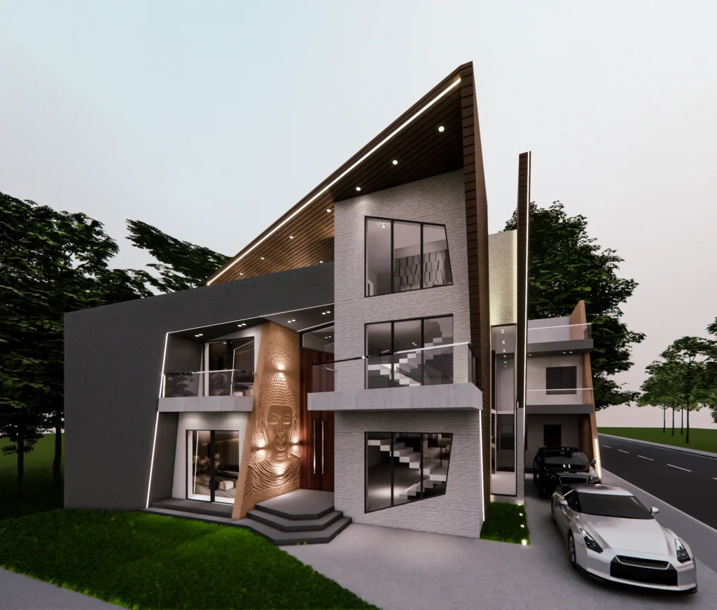 Contemporary residential house exterior by Amartya Architects, modern duplex elevation with glass balcony, textured walls and architectural lighting