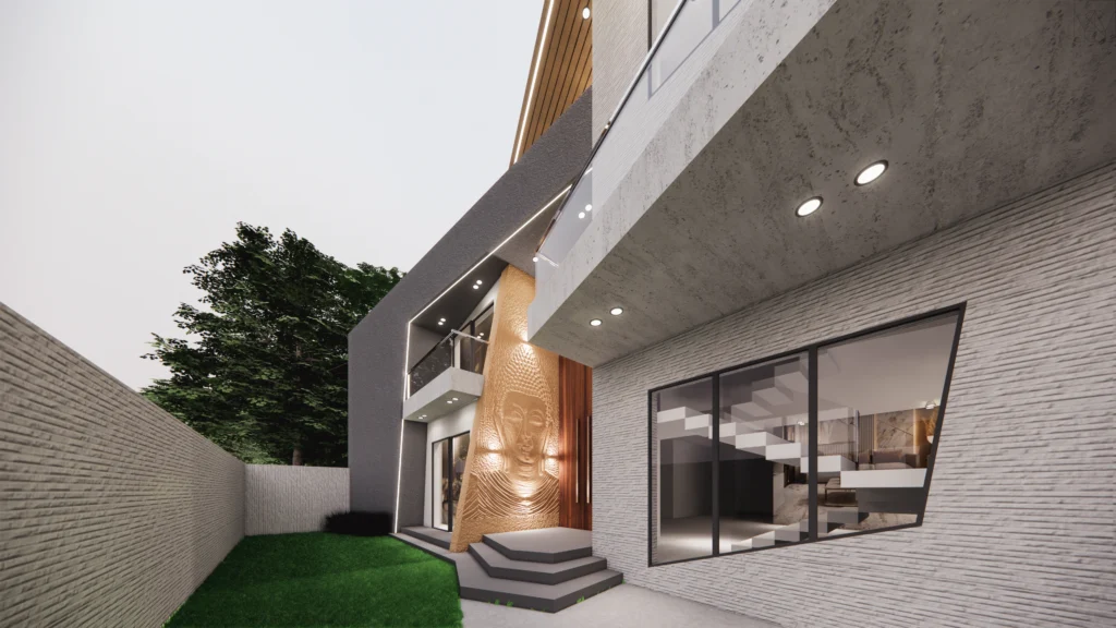 Modern home entrance elevation designed by Amartya Architects, luxury house facade with Buddha wall art, glass windows and minimalist landscaping