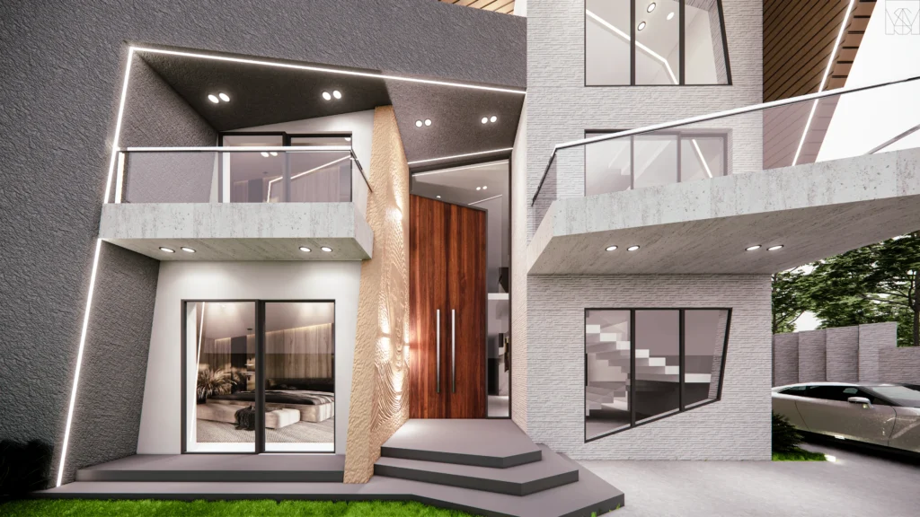 Luxury modern house front elevation by Amartya Architects, contemporary villa design with double height entrance, glass railing balcony and premium exterior finishes