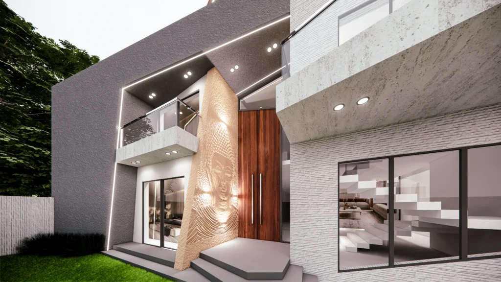 Modern luxury house elevation design with sculptural facade, Buddha wall art and angular roof design by Amartya Architects, contemporary residential architecture exterior