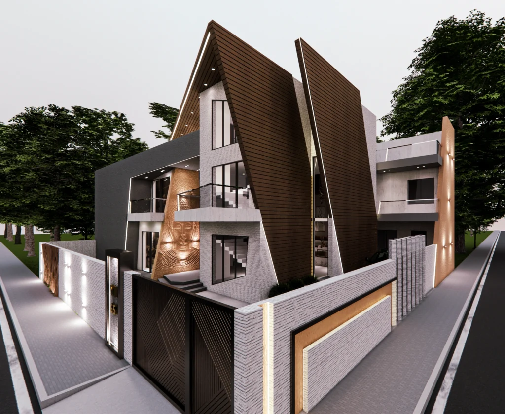 Modern corner plot house elevation with slanted wooden fins, glass balconies and premium exterior lighting by Amartya Architects