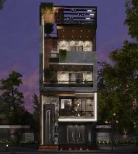 Contemporary residential building elevation at night with layered facade, wooden soffits, planters and terrace design by Amartya Architects in Delhi.
