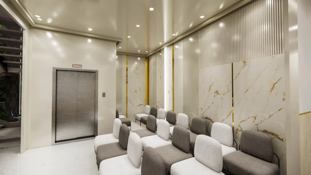 Elegant hospital waiting area interior featuring modular seating, elevator lobby, and modern ceiling design by Amartya Architects
