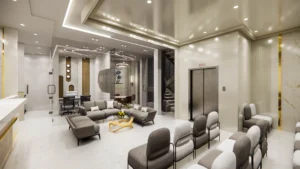 Luxury clinic waiting area with contemporary seating, marble finishes, warm lighting, and premium interiors designed by Amartya Architects