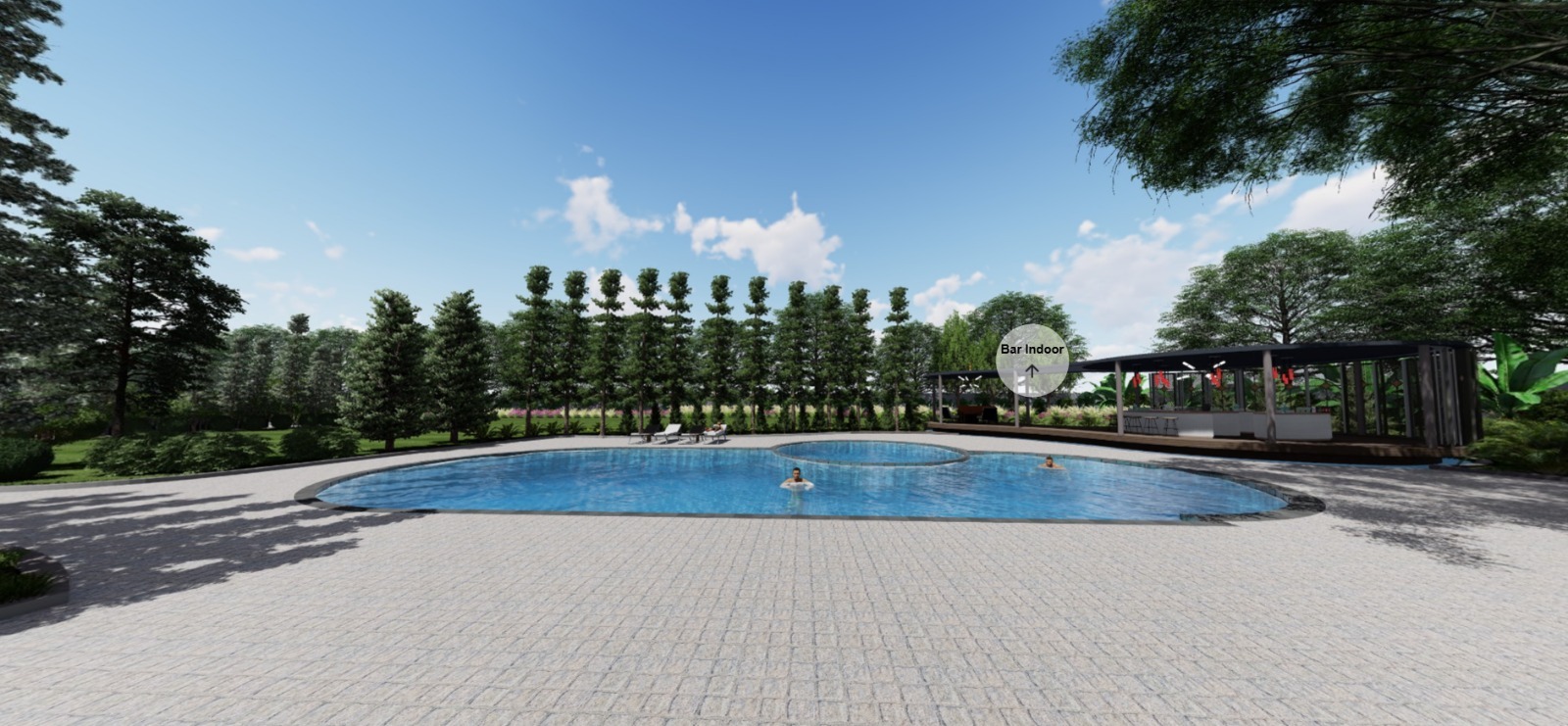 Luxury farmhouse swimming pool design by Amartya Architects featuring circular jacuzzi, landscaped garden, stone deck paving, and modern indoor bar pavilion surrounded by lush greenery