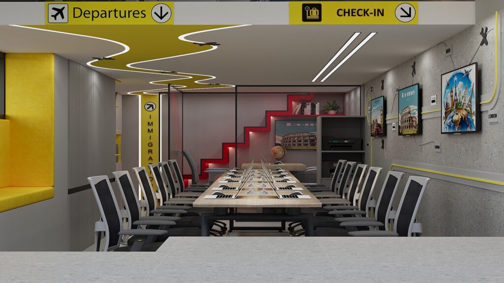 Modern travel office interior design by Amartya Architects featuring airport-themed workspace, long collaborative table with computers, ergonomic chairs, creative ceiling lighting, and travel destination wall graphics
