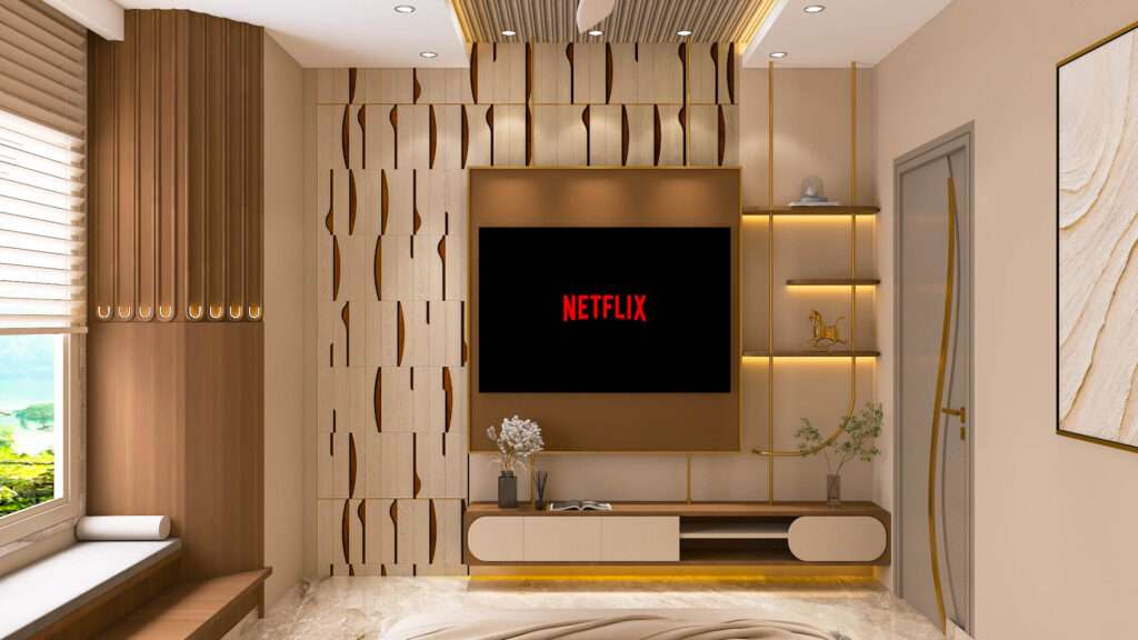 Modern TV unit wall design with floating console and warm lighting by best interior designers near me, ideal for home interior designer near me and living room designers near me projects.
