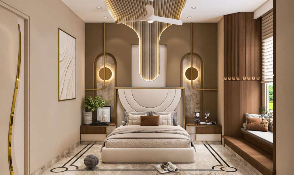Premium master bedroom interior with upholstered headboard, designer ceiling and luxury wall panels by luxury interior designers near me specializing in bedroom interior designer near me and interior design for home near me.