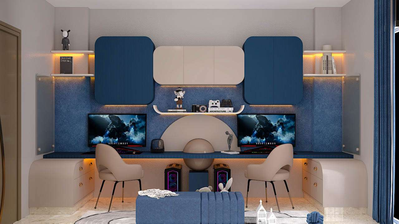 Contemporary kids bedroom interior with twin beds, arch panel backdrop and modern lighting by house interior designers near me providing affordable interior designers near me and residential designers near me solutions.