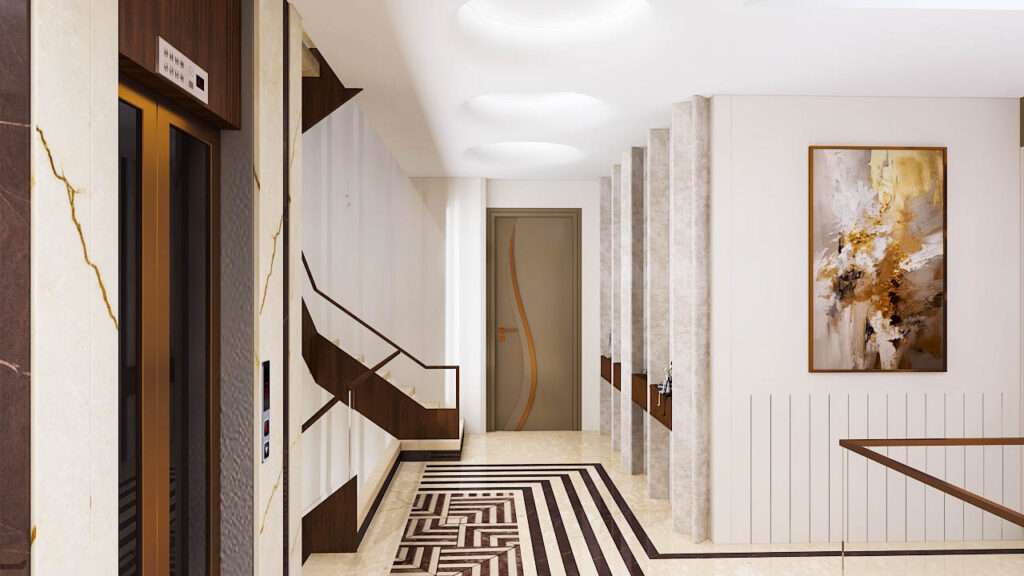Modern entry corridor interior with staircase, elevator and wall art by top interior designers near me delivering interior works near me and interior design consultants near me expertise.