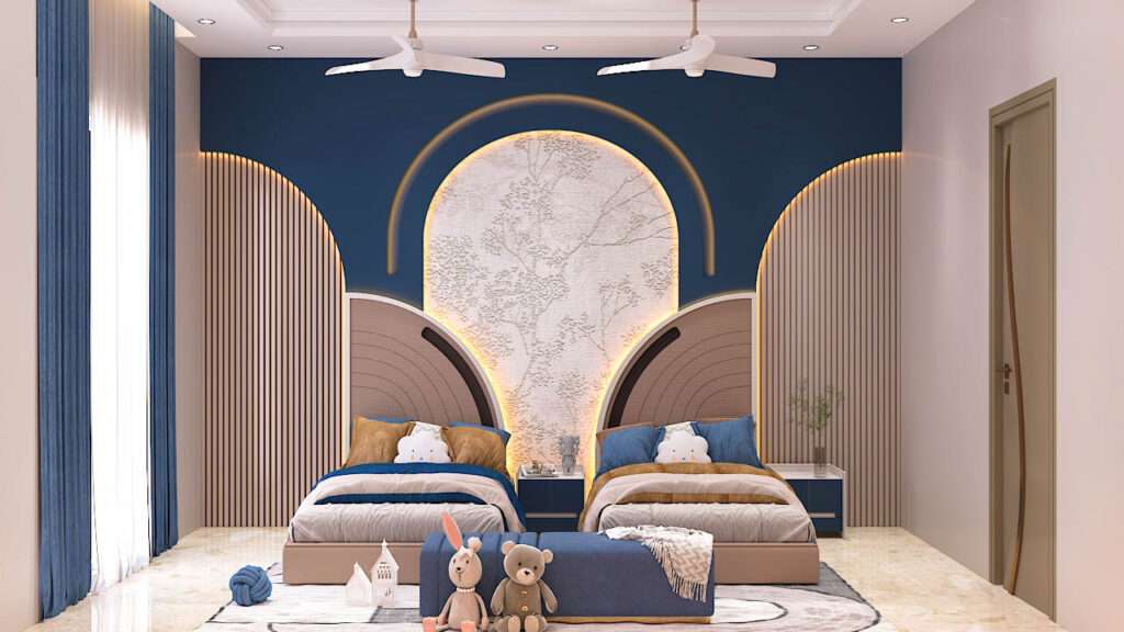 Elegant master bedroom interior with panel headboard, marble flooring and ambient lighting by best home interior designers near me specializing in bedroom designers near me and interior design for house near me.