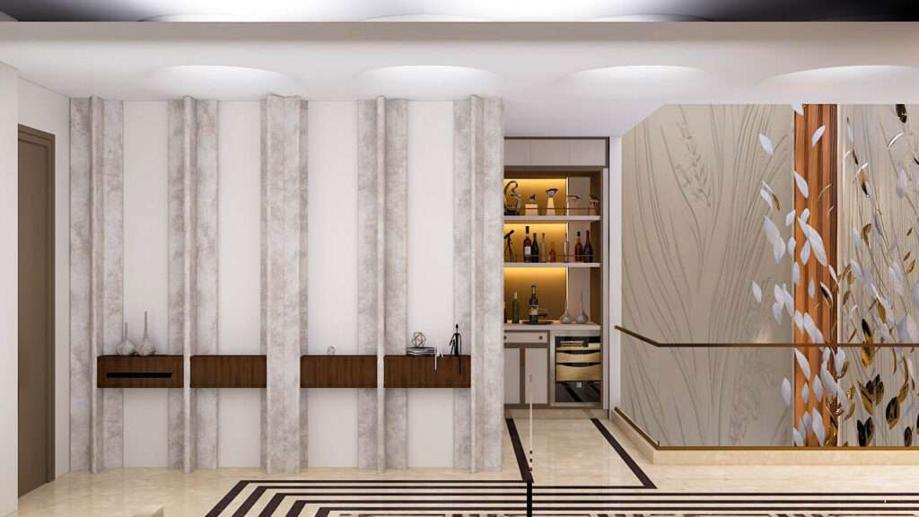 Grand entrance lobby interior with decorative wall panels and bar unit niche designed by interior design companies near me providing commercial interior designers near me and residential interior design companies services.
